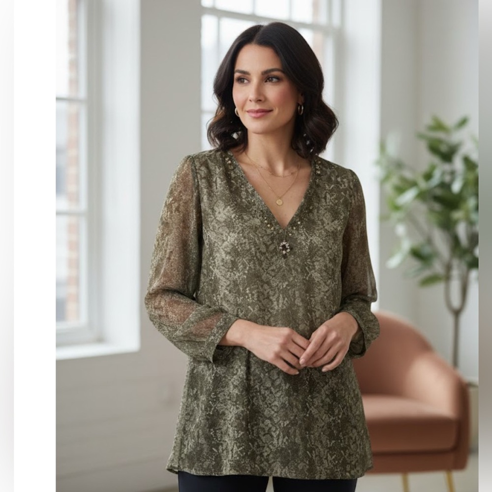 NWT Chico's chiffon snake skin print V neck 2 in‎ 1 tunic